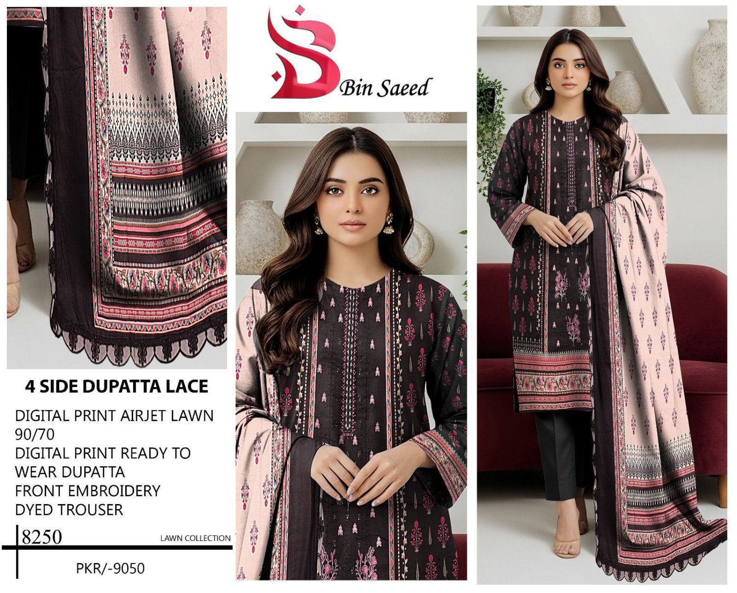Bin Saeed Luxury Embroidered 3-Piece Airjet Lawn Suit – Ready-to-Wear Lace Dupatta