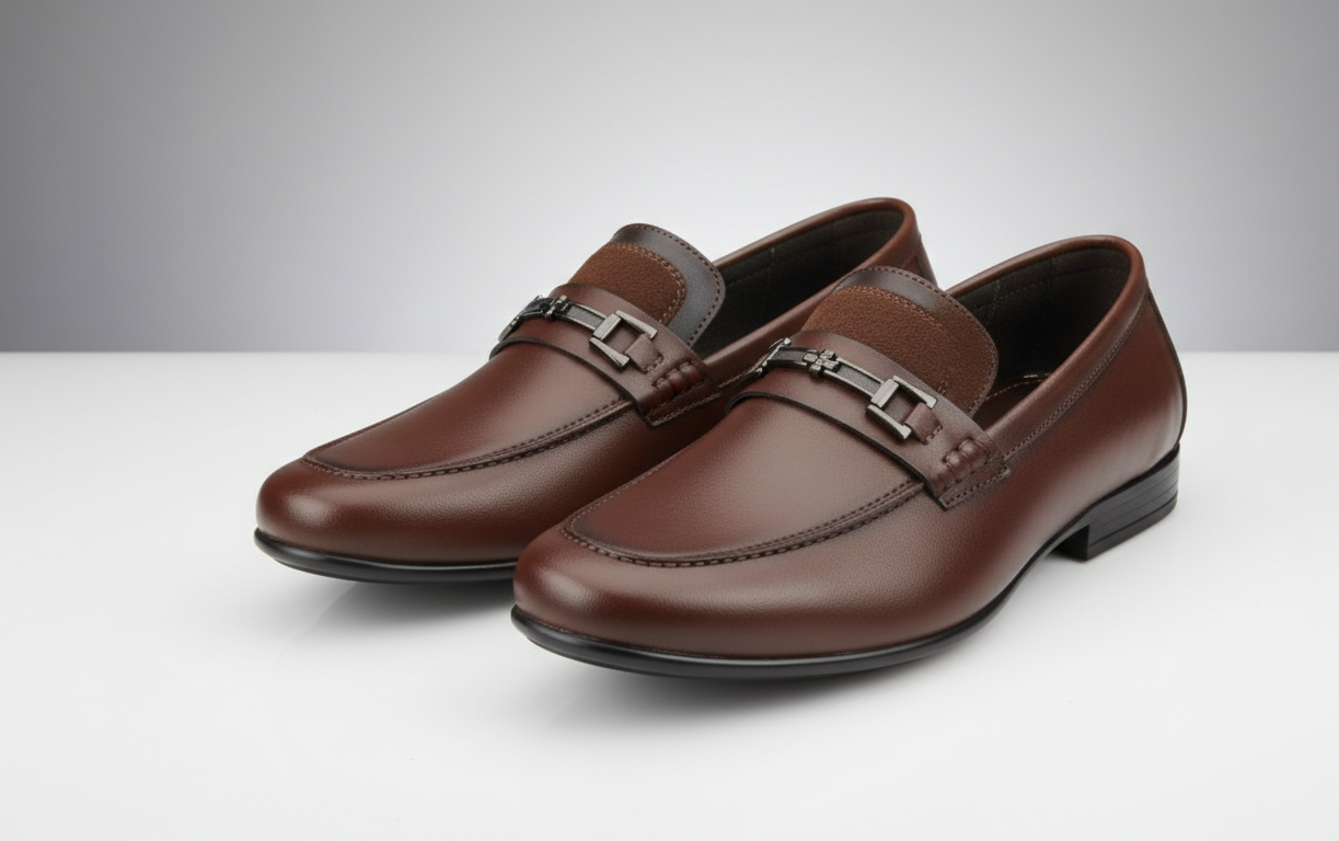Classic Brown Leather Men’s Formal Loafers with Metal Bit